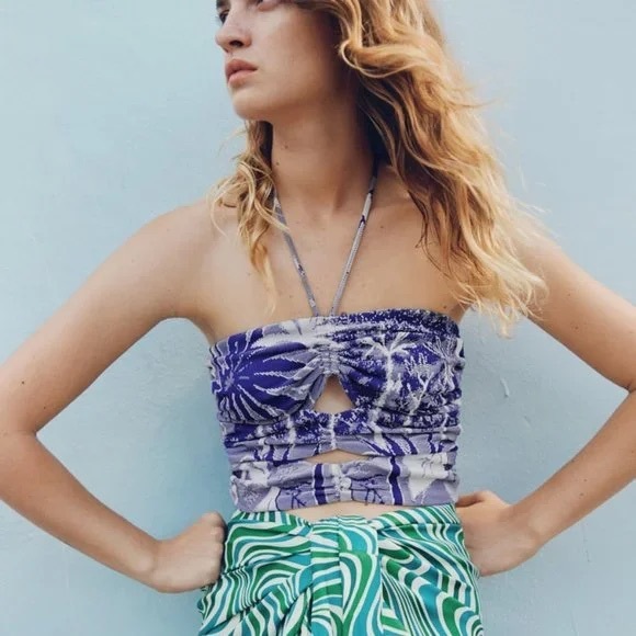 Zara Tops - Zara Halter‎ Crop Top Blue Tropical Size Small Cut-Outs Women Beachy Palm Leaves